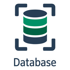 Illustration of a database icon with green and blue layers and a square frame around it