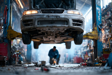 Technician in a messy auto repair shop, working under the lifted car, grease and tools everywhere, cinematic mood, 