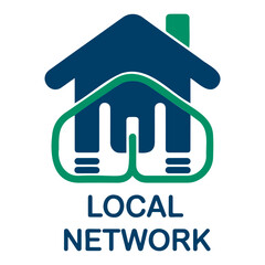 Illustration of a house icon with an antenna inside a rounded shape above local network text