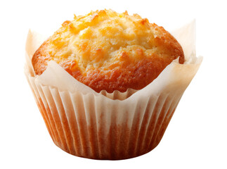 Golden brown delicious homemade lemon muffin in paper liner, On Transparent Background, Png