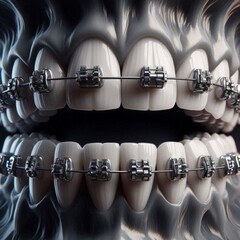 Closeup of teeth with metal braces and clear elastic bands