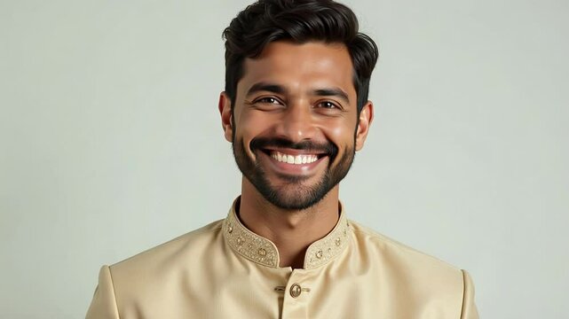Confident Indian Man in Nehru Jacket Over Kurta Smiling at Camera | Traditional Formal Look on Light Background in 4K Ultra HD Video Footage