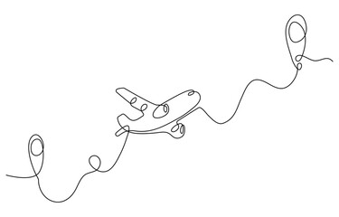 Airplane travelling continuous one line draw with map pin location, Continuous line drawing of aircraft flight routes and airport destinations. airplane line path icon of airplane flight route.