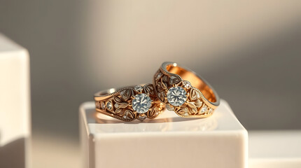 Two Luxurious Wedding Rings with Sparkling Diamonds and Intricate Floral Patterns