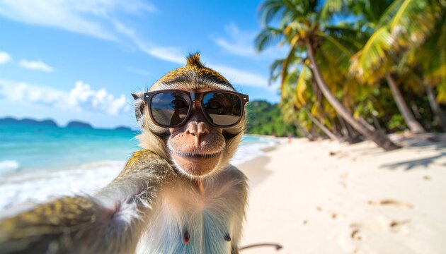 Monkey wearing sunglasses takes a selfie on a tropical beach with palm trees and blue ocean.