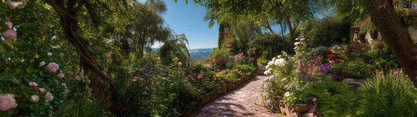 Panoramic garden pathway coastal view hdr 360 degrees nature scene