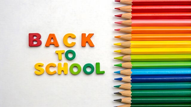 Back to school concept with colorful pencils and text on white background
