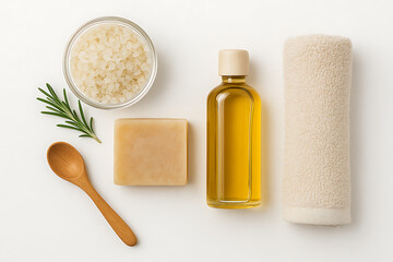 Spa wellness beauty bath set with soap oil salt towel and wooden spoon top view mockup for natural skincare product branding presentation or design display