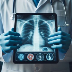 Doctor holding digital tablet displaying lung cancer X-ray
