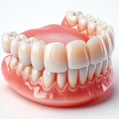 Full dental prosthesis with natural-looking artificial teeth and pink gum base