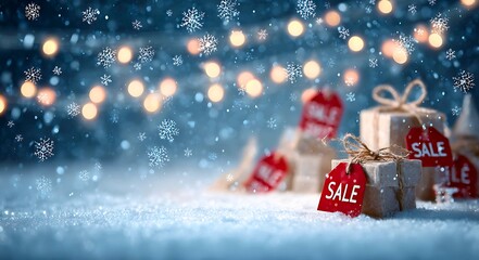 Festive winter scene with gifts adorned with red sale tags amidst falling snowflakes and bokeh lights