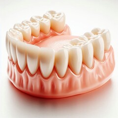 Full dental prosthesis with natural-looking artificial teeth and pink gum base