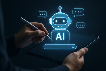 Person's hand with stylus points at an AI chatbot on a digital tablet, representing innovative artificial intelligence communication