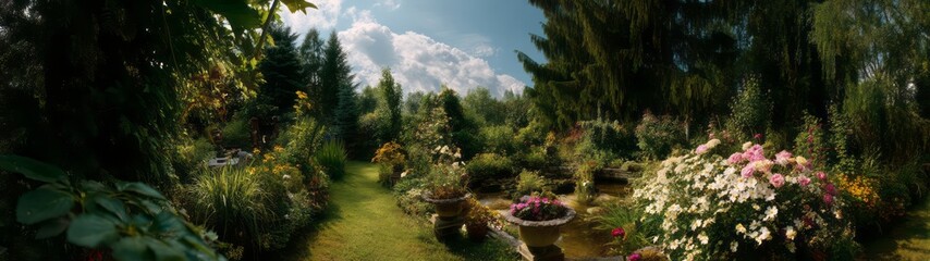 Garden panorama 360 degrees hdr view nature in full bloom