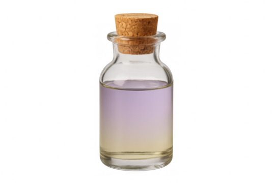 Small glass bottle containing purple and yellow liquid with cork lid, isolated on transparent background