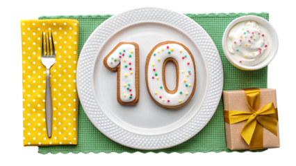 Celebrate tenth birthday with cookies and gift on plate food photography on transparent background