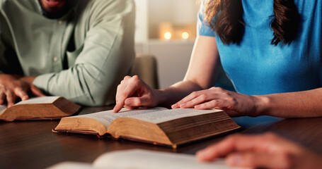 Bible study, hands and religion with people in home together for Christian belief, faith or prayer....