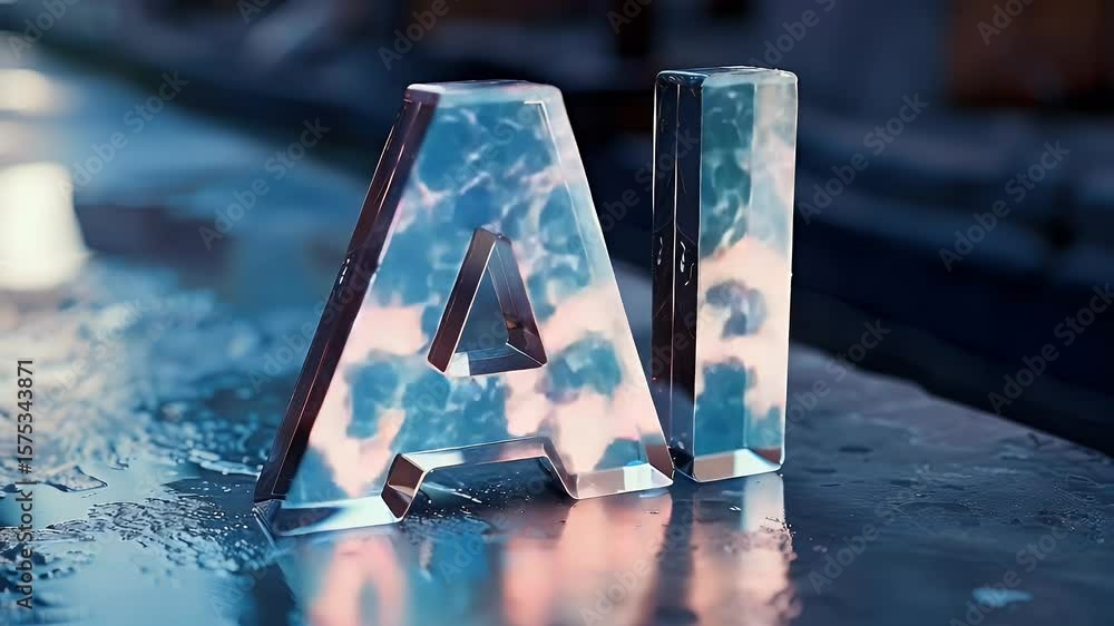 Poster reflective metal letters ai on wet surface with blurred background and abstract clouds reflection de