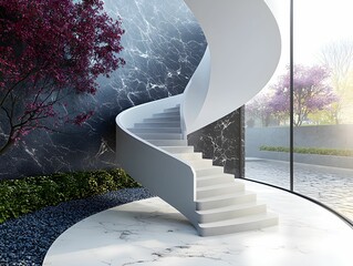 Modern White Spiral Staircase Beside Tree