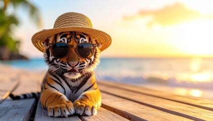 Elegant tiger in a straw hat watching sunset by the beach. A calm majestic summer vibe.