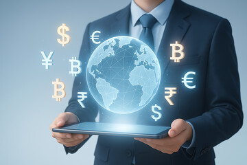 Businessman holds a tablet displaying a glowing globe surrounded by floating international currency symbols, signifying global finance