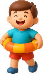 여름 남자아이 튜브 끼고 미소짓는 모습 3D