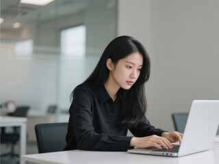 25-year-old Asian woman with long black hair typing on laptop in office - focused professional at work