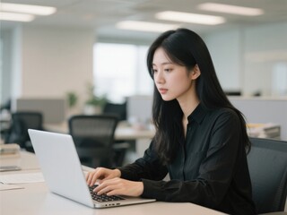 25-year-old Asian woman with long black hair typing on laptop in office - focused professional at work