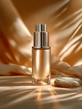 Elegant serum bottle on golden silk with soft light and natural stone accent, evoking a serene, premium skincare ritual.