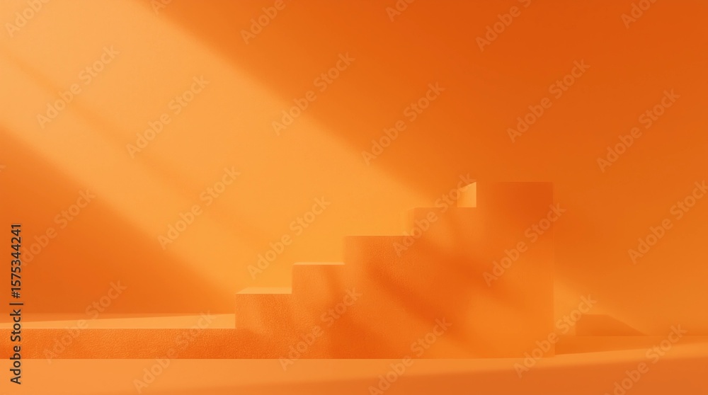 Poster orange product background stand or podium pedestal on empty display with glowing light backdrops. 3d