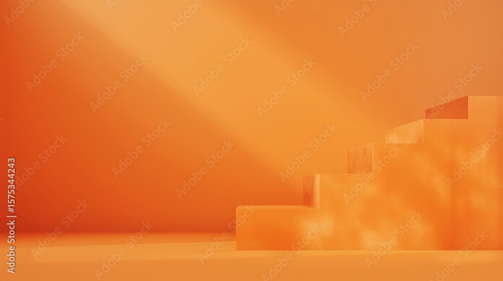Poster orange product background stand or podium pedestal on empty display with glowing light backdrops. 3d