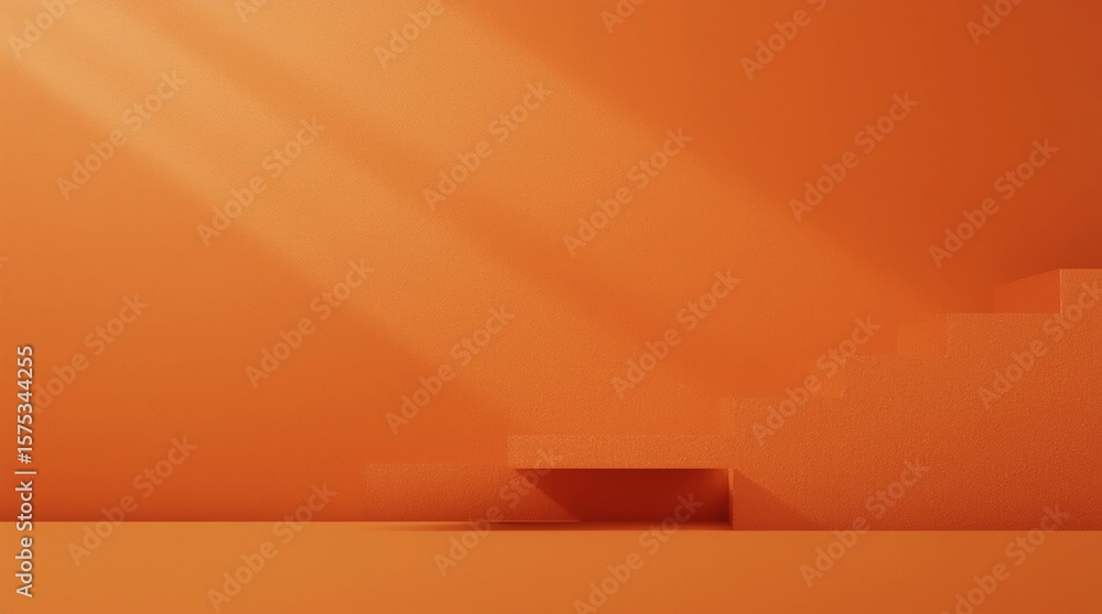 Poster orange product background stand or podium pedestal on empty display with glowing light backdrops. 3d