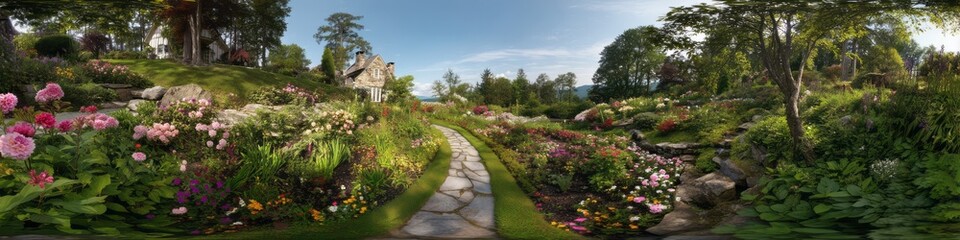 Panoramic 360 degrees garden pathway nature scene hdr landscape serene environment