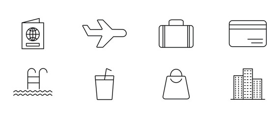 Travel vacation icons set. holiday recreation, leisure, entertainment, traveling, tourism, and more. Transport tourism hiking. Hotel tropical. Isolated linear vector illustrations. Editable stroke
