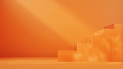 Orange product background stand or podium pedestal on empty display with glowing light backdrops. 3D rendering