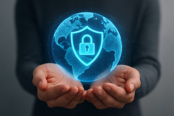 Hands holding a glowing global shield with a padlock, symbolizing worldwide cybersecurity and digital data protection