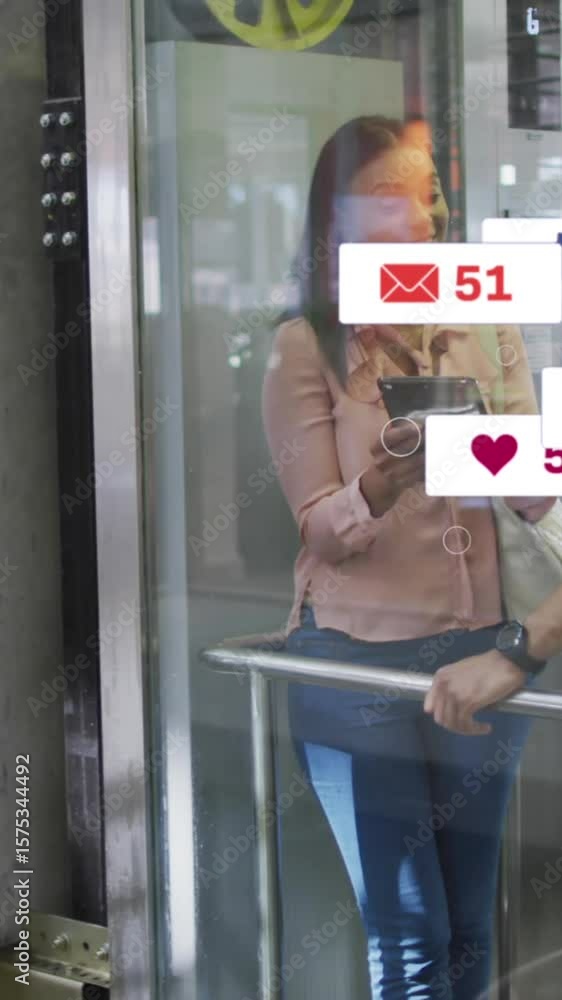 Poster animation of multiple notification bars over diverse coworkers discussing in elevator