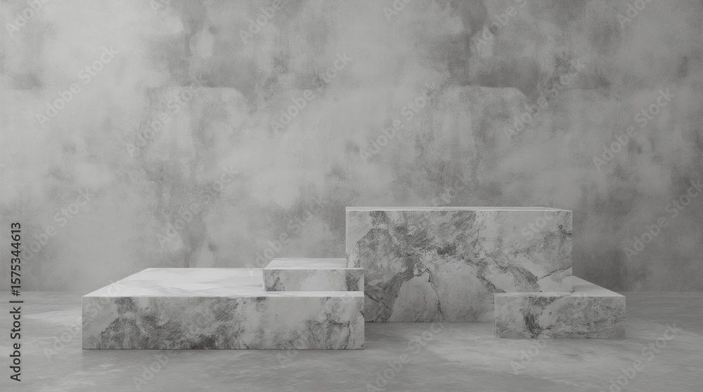 Fototapete Three step of white marble product display on gray background with modern backdrops studio. Empty pedestal or podium platform. 3D Rendering.