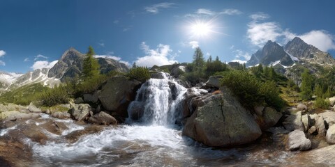 Panoramic waterfall scene mountain range hdr 360 degrees nature view