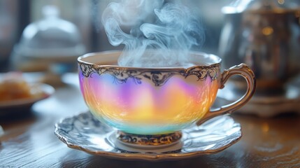 Colorful tea cup steaming on wooden table