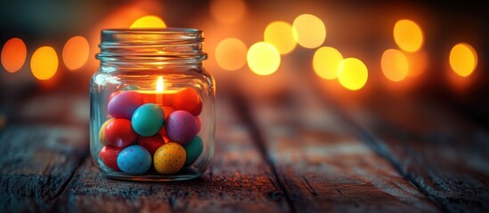 Colorful eggs nestled in a glass jar, illuminated by a candle's warm glow, set against a bokeh backdrop