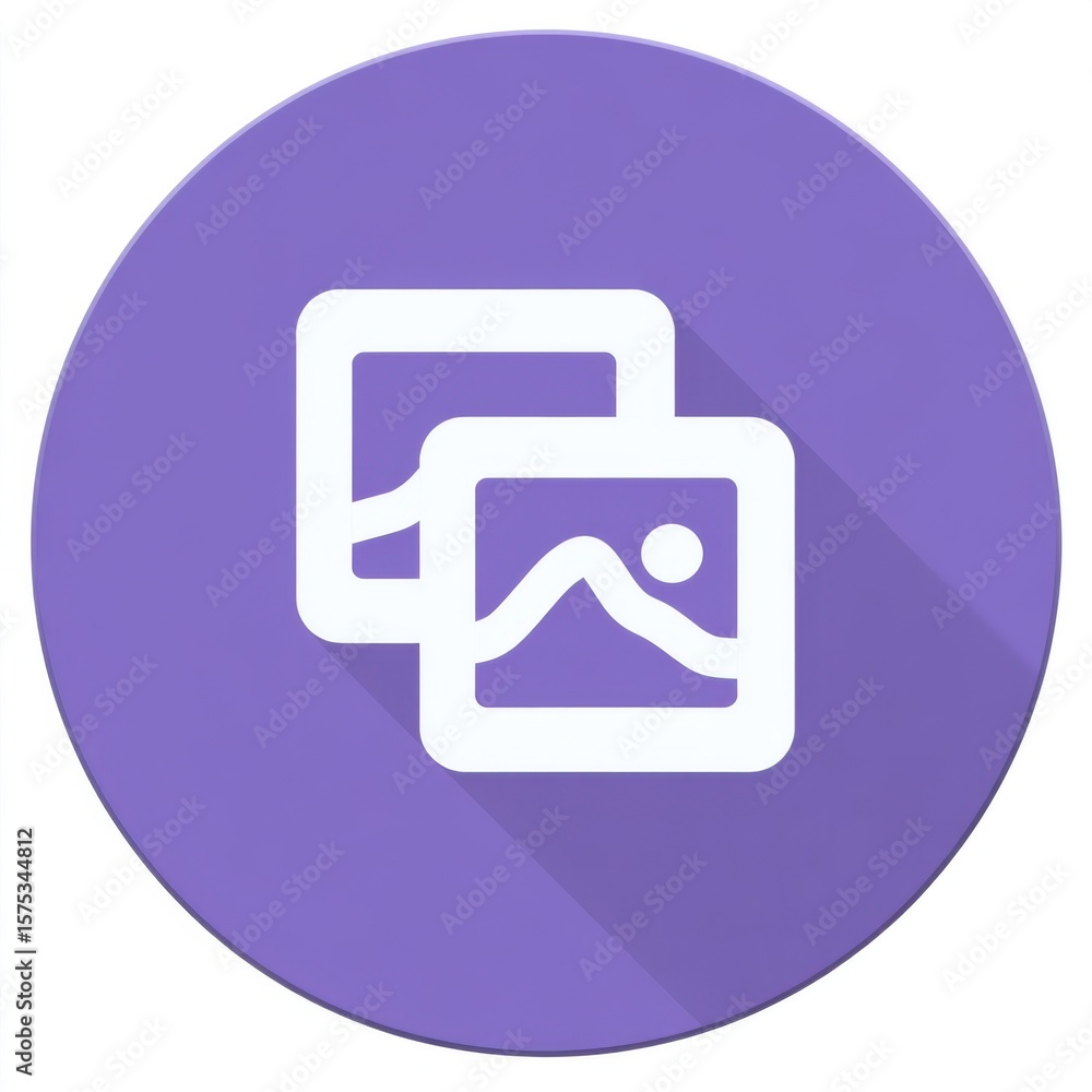 Poster gradient purple circular icon with overlapping white-outlined squares, featuring a wavy line and cir