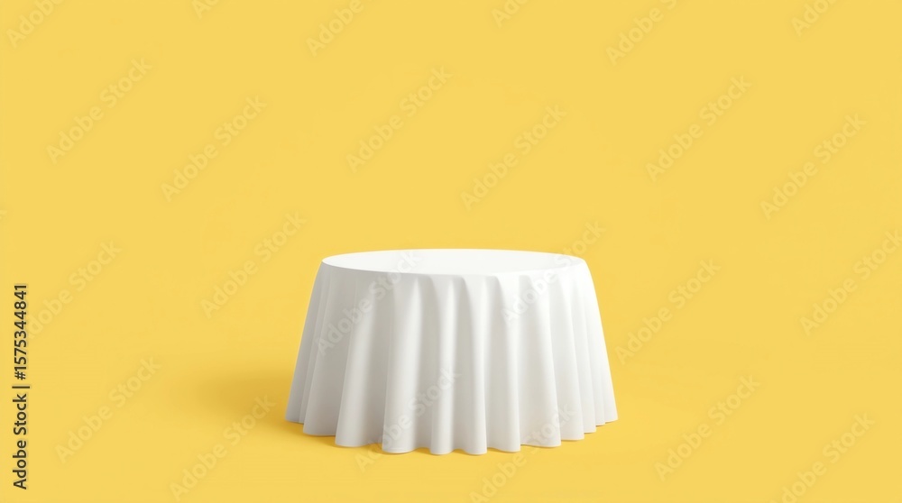 Poster white dinner table or empty pedestal display on vivid yellow background with elegant fabric. blank s