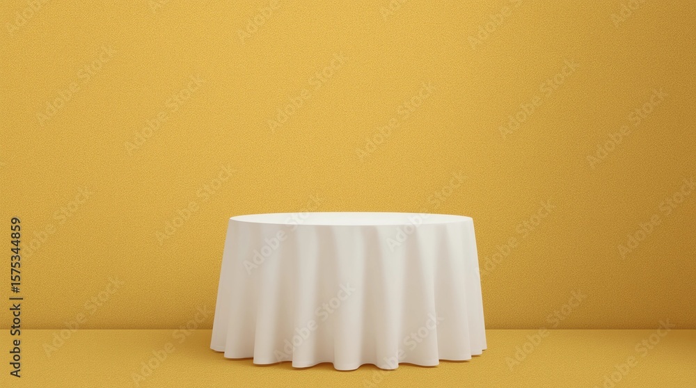 Poster white dinner table or empty pedestal display on vivid yellow background with elegant fabric. blank s