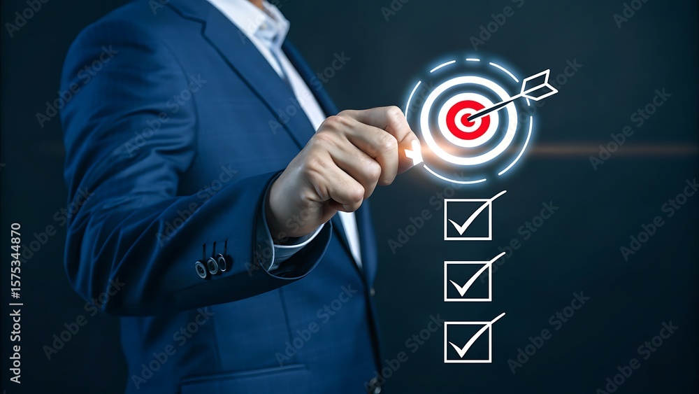 Poster achieving targets: businessman points to digital checkmarks and a target with arrow, demonstrating o