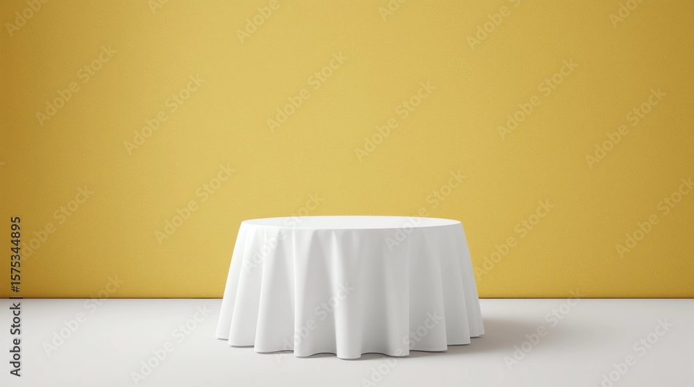Poster white dinner table or empty pedestal display on vivid yellow background with elegant fabric. blank s