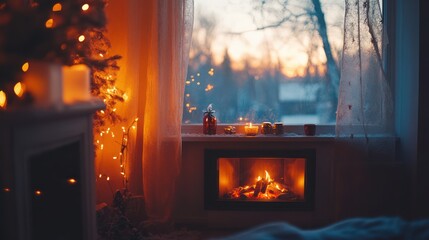 Cozy winter scene fireplace, candles, & Christmas tree lights. Sunset view from window