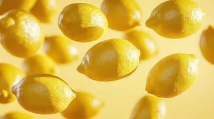Falling lemons, yellow background, studio shot, food photography