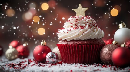 Festive Christmas cupcake, decorated with ornaments, bokeh background, for holiday display