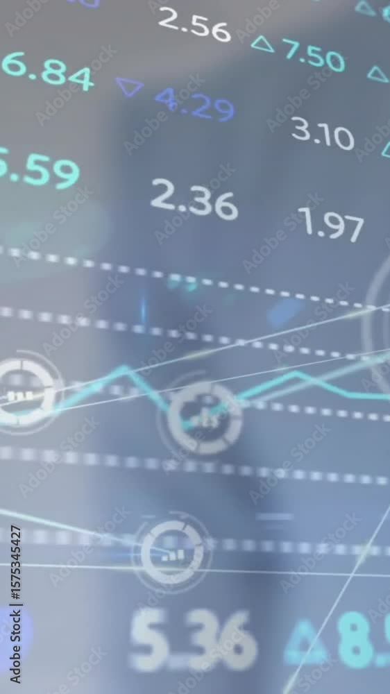 Poster animation of network of connections with icons and financial data processing